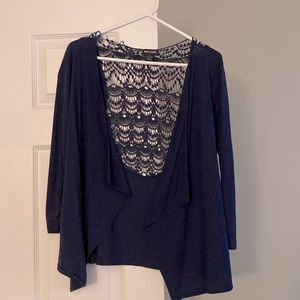 Wet Seal Navy Blue 3/4 Sleeve Cardigan with Lace Design Back